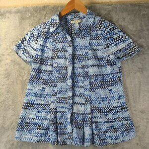 Dana Buchman Blue & Black Abstract Short Sleeve Button-Up Blouse S 100% Polyeste